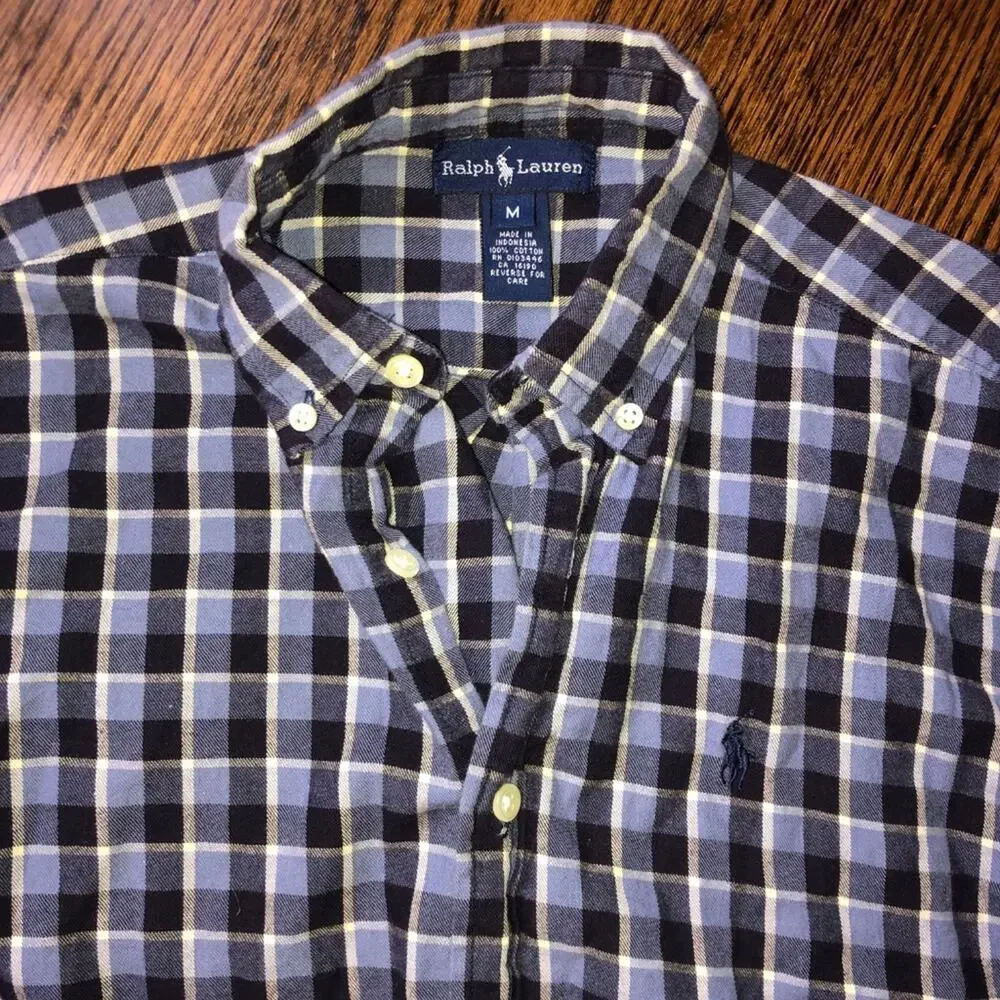 Ralph Lauren Boys Blue & White Plaid Flannel Button Front, Size Medium, EUC